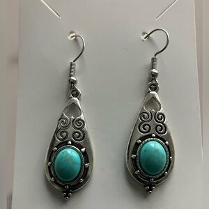 Boho SilverTone Faux Turquoise Stone Teardrop Dangle Pierced Earrings Women NWOT